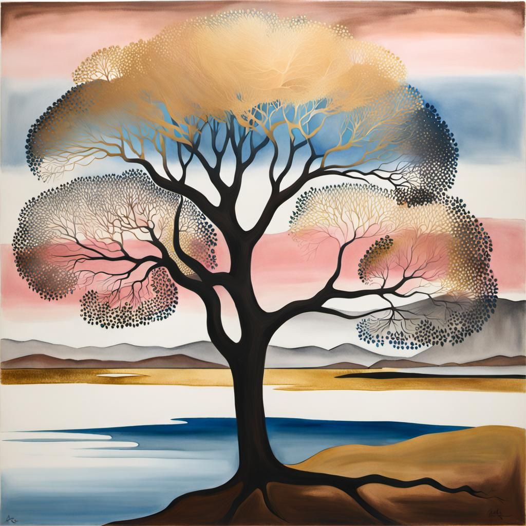O'Keefe Inspired Tree Painting with Ink Effects