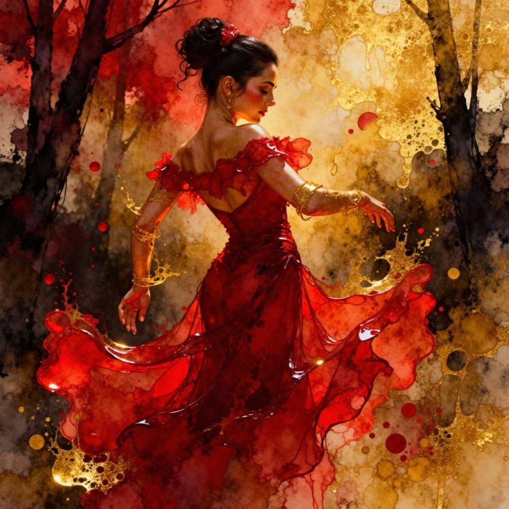 Flamenco Dancer's Scarlet Dress Swirls with Gold Accents