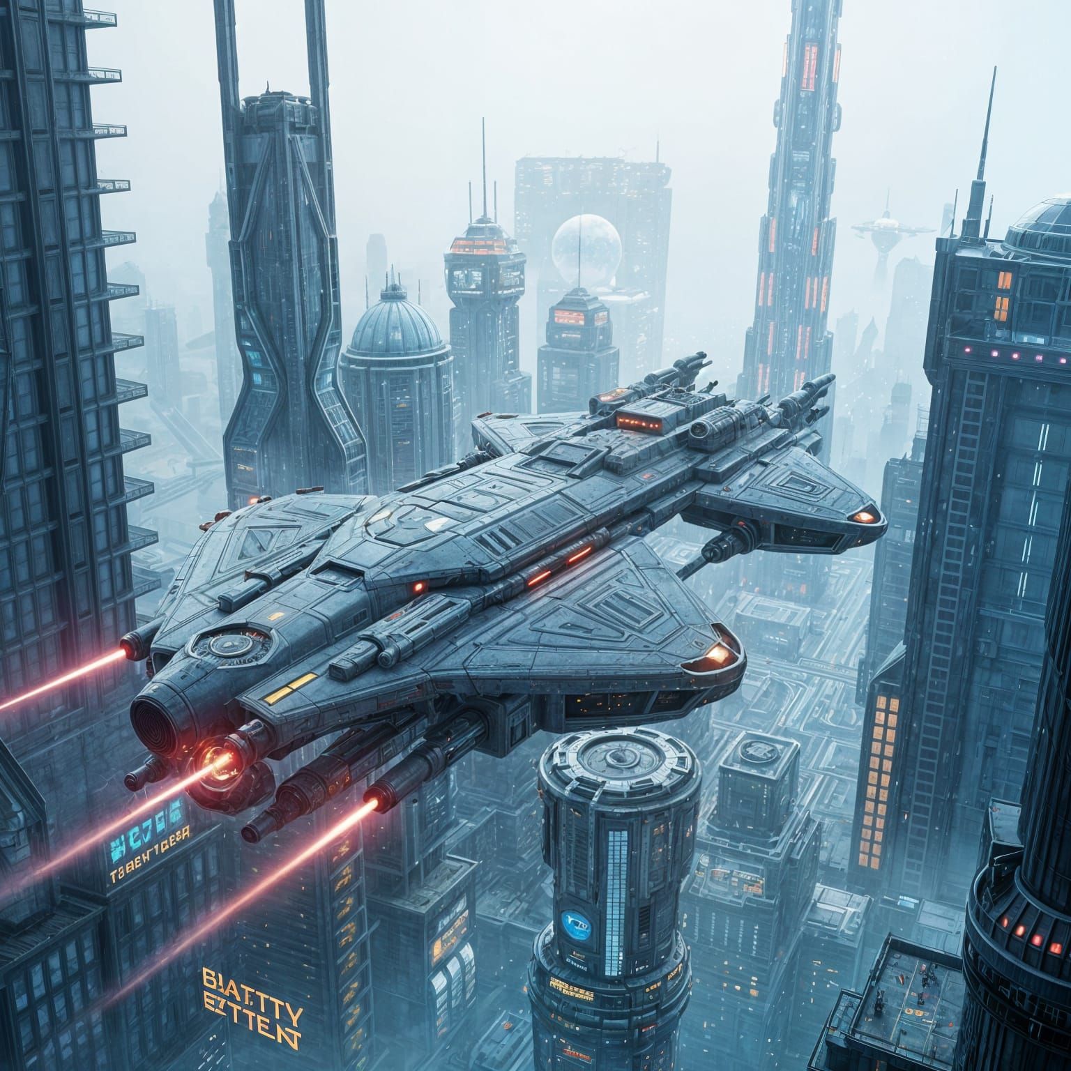 Neon-Drenched Cyberpunk Metropolis with Hybrid Spaceship