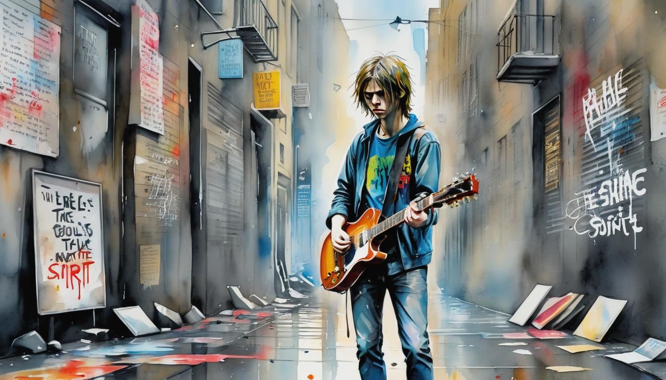 Rebellious Youth in Chaotic Cityscape: Watercolour Art