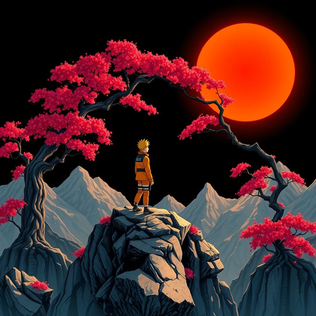 Whimsical Naruto in Cherry Blossom Landscape