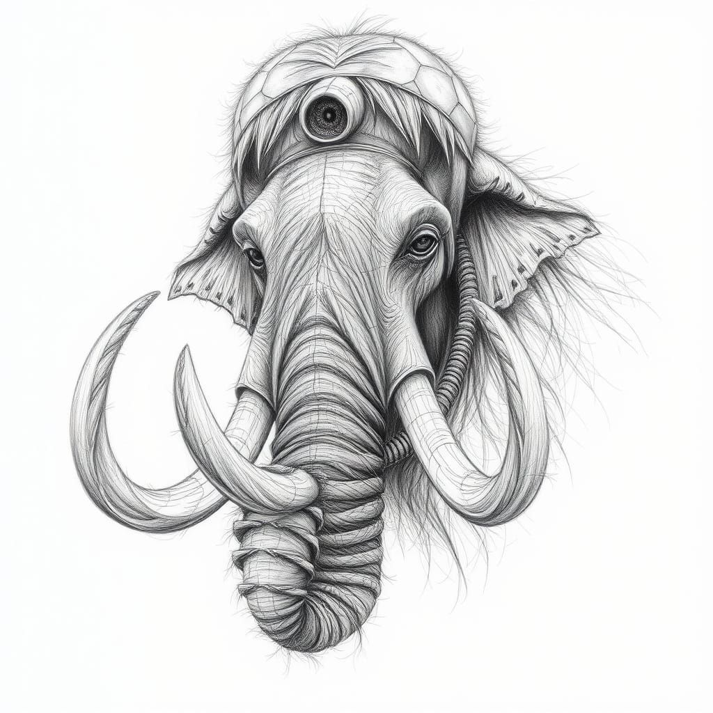 intricate pencil sketch mugshot of a wooly mammoth, art by T...
