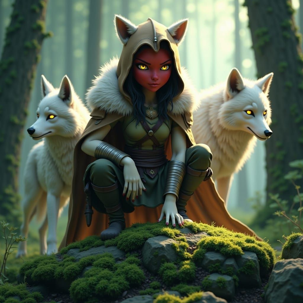 Wolf-Girl Warrior in Ancient Forest