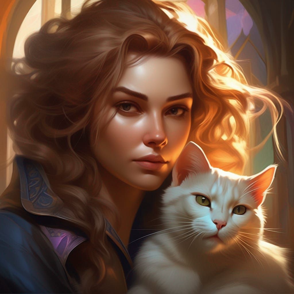 Woman and Cat Portrait in Art Nouveau Style