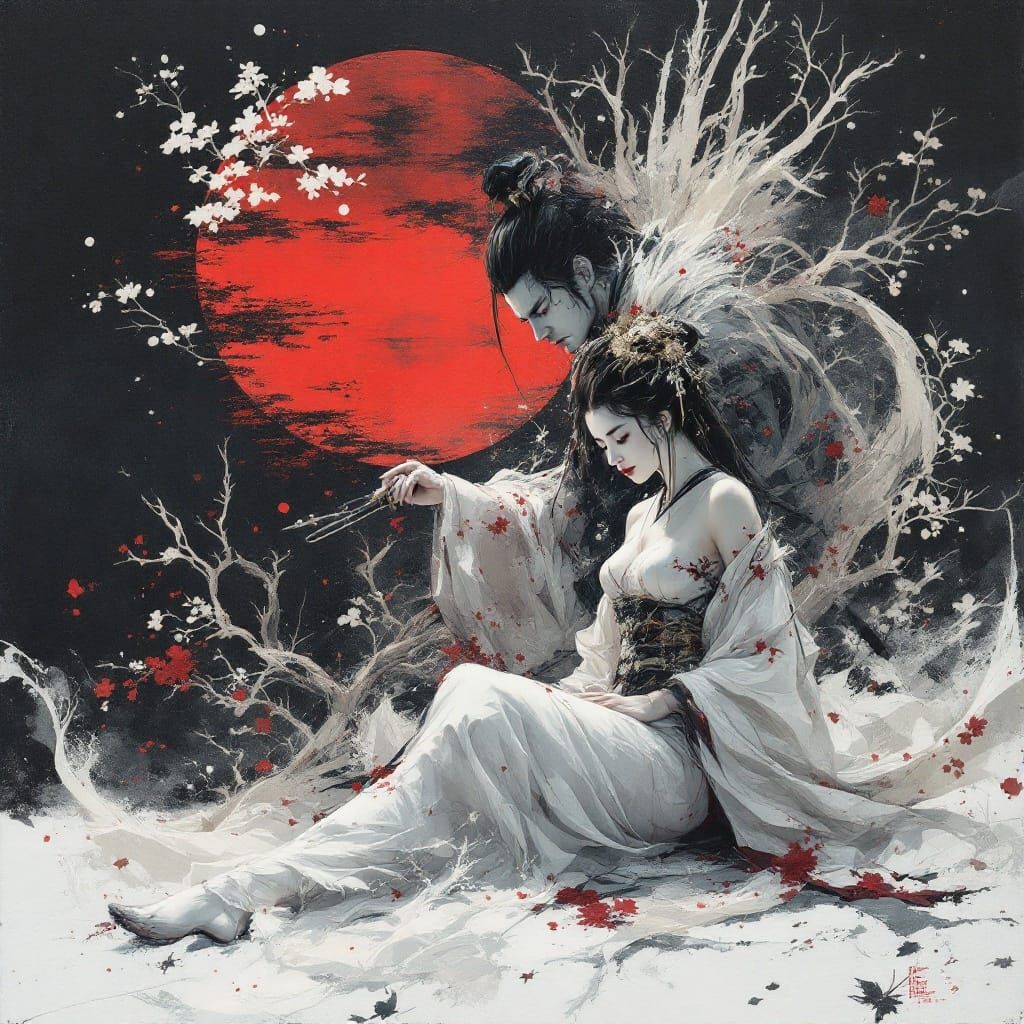 Surreal Samurai Lays Arms at Feet of Mystic Geisha in Dark,....