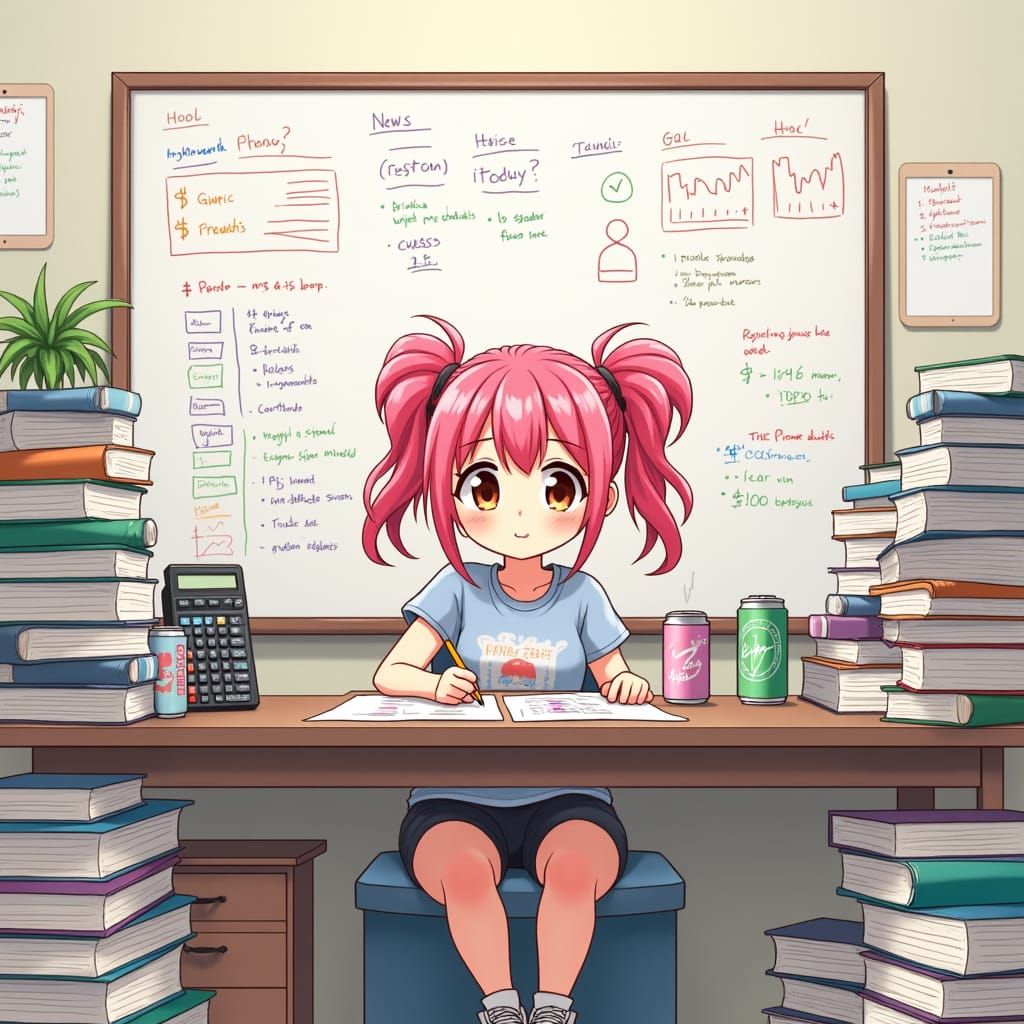 Anime Girl Plans Investments in Kawaii Style