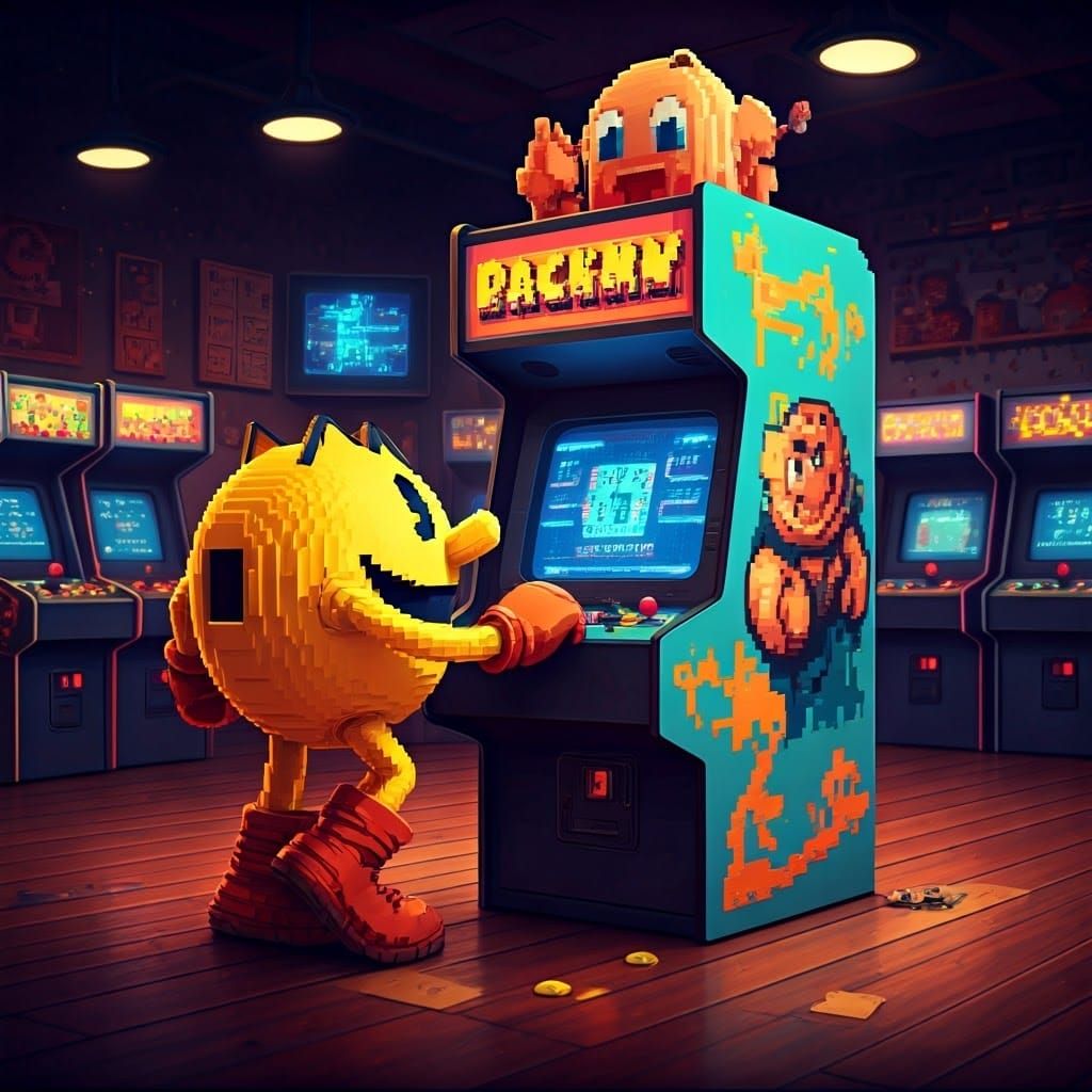 Pacman Plays Arcade Game in 8-bit Gaming Room