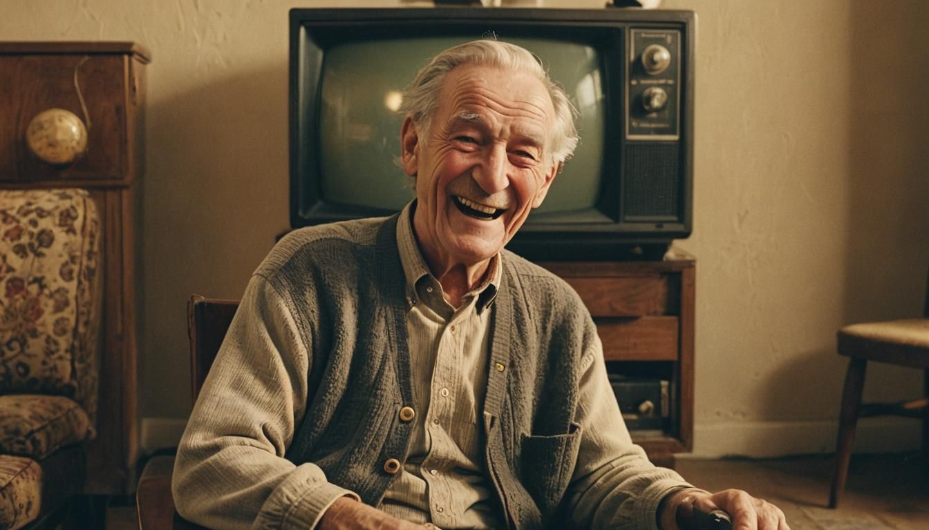 Nostalgic Film Still of Old Man Laughing