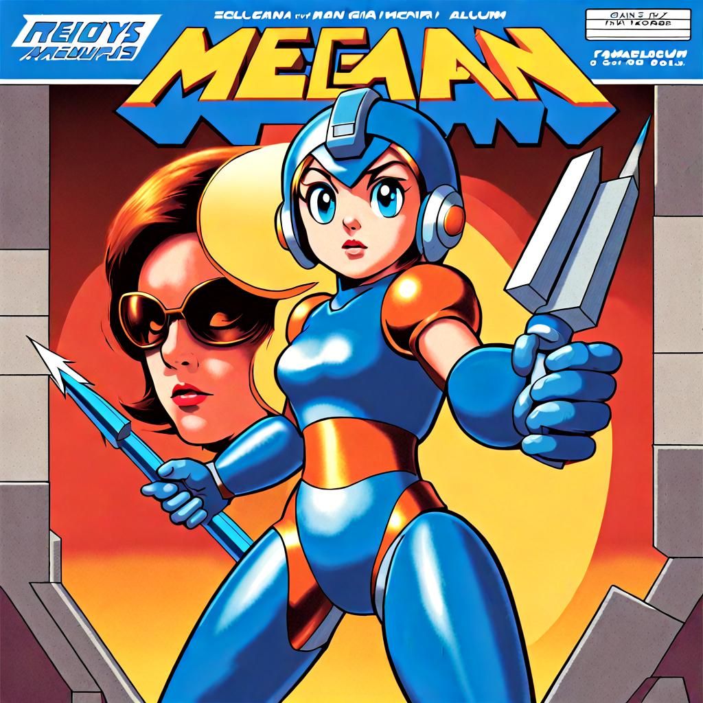 Female Mega Man as 70s Album Cover