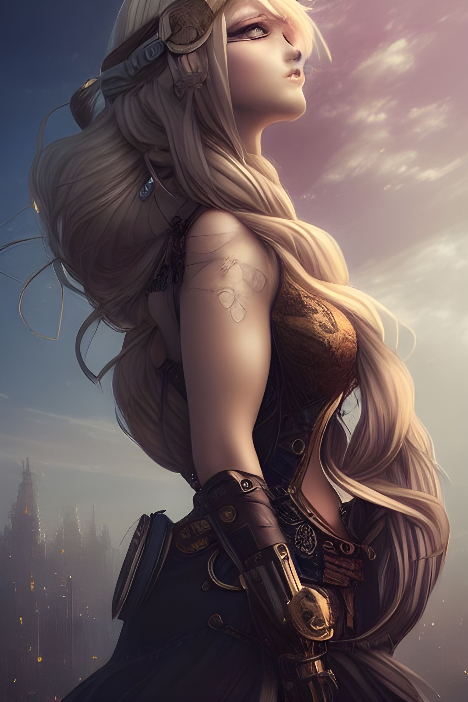 Steampunk Goddess in Hyper-Detailed Cityscape