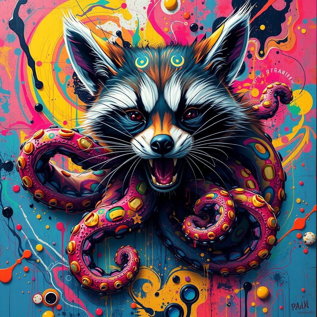 Psychedelic Feline-Raccoon Hybrid in Street Art Style