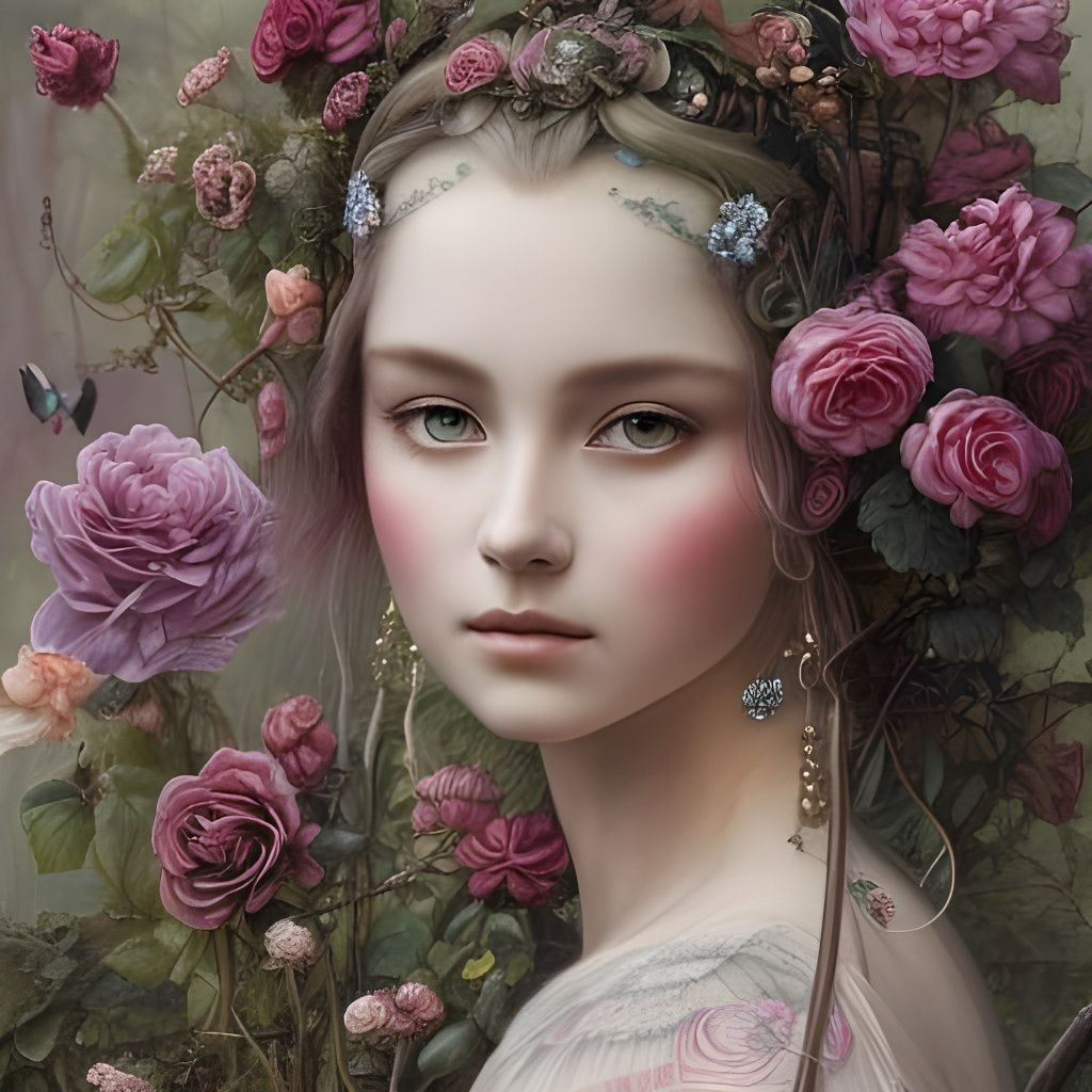 Rose Punk Princess in Garden: Detailed Digital Portrait