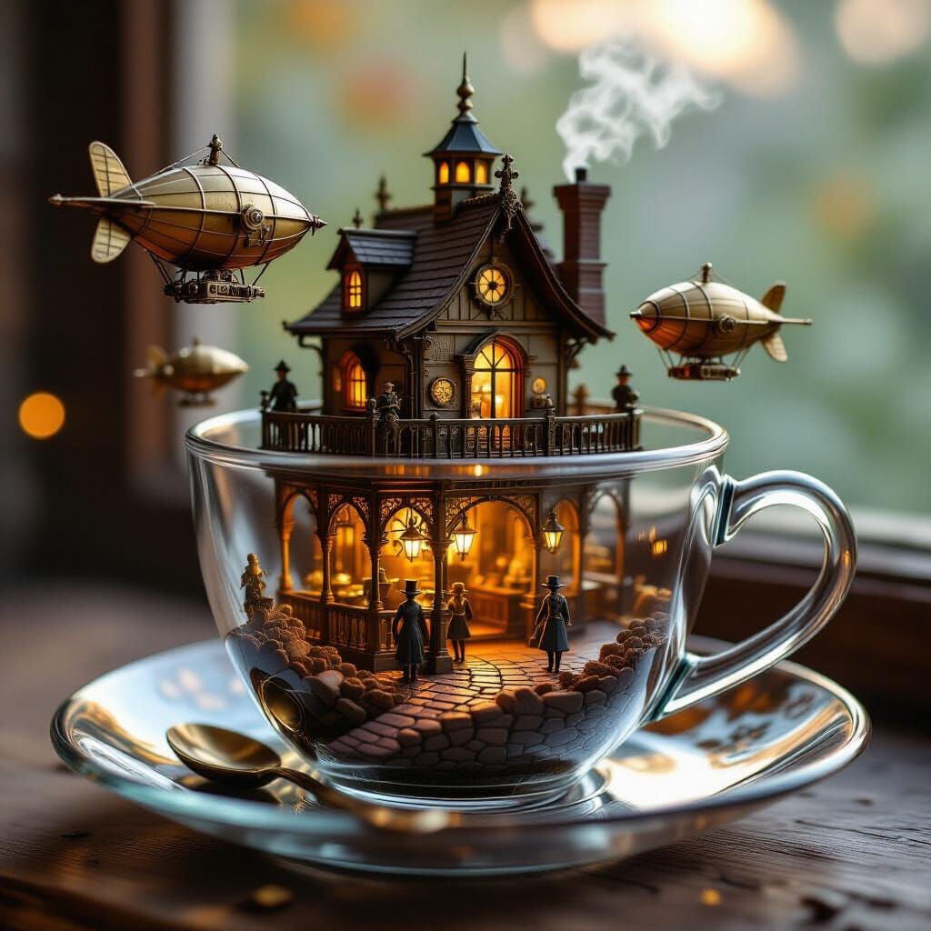 Steampunk Teacup City with Airships and Clockwork Figures