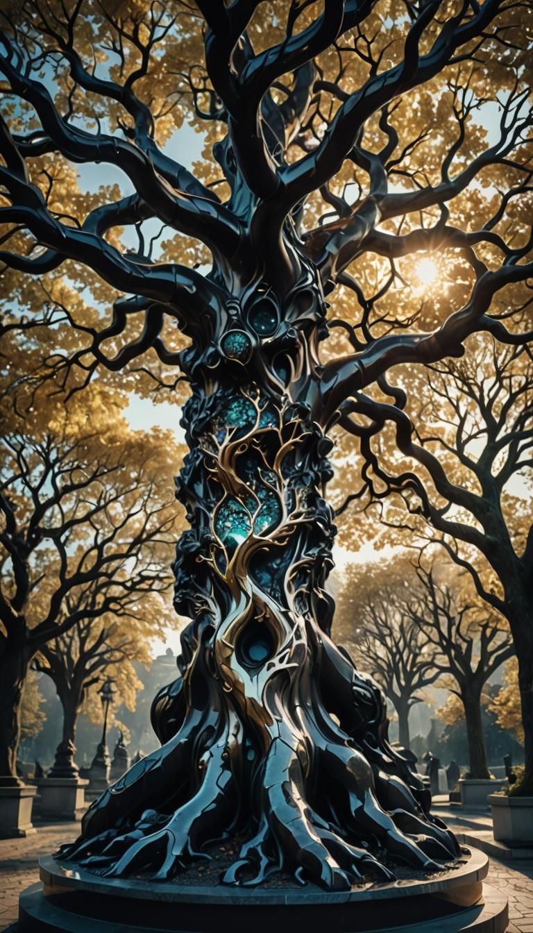 Dark Marble Yggdrasil Sculpture with Art Nouveau Elements