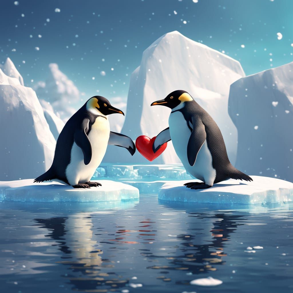 Penguins in Love, Adrift on a Heart-Shaped Iceberg in 3D Ani...