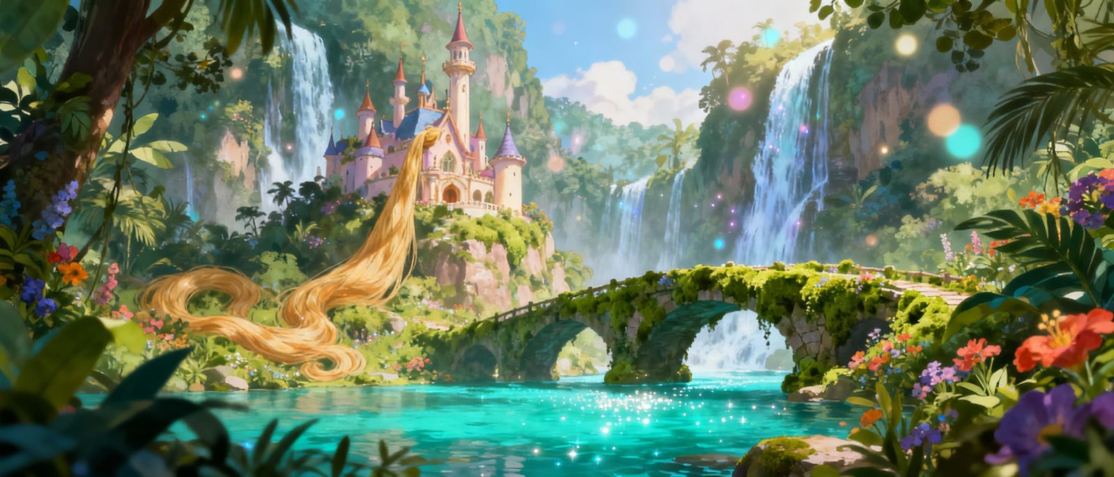 Enchanted Castle in Dreamy Jungle with Waterfalls