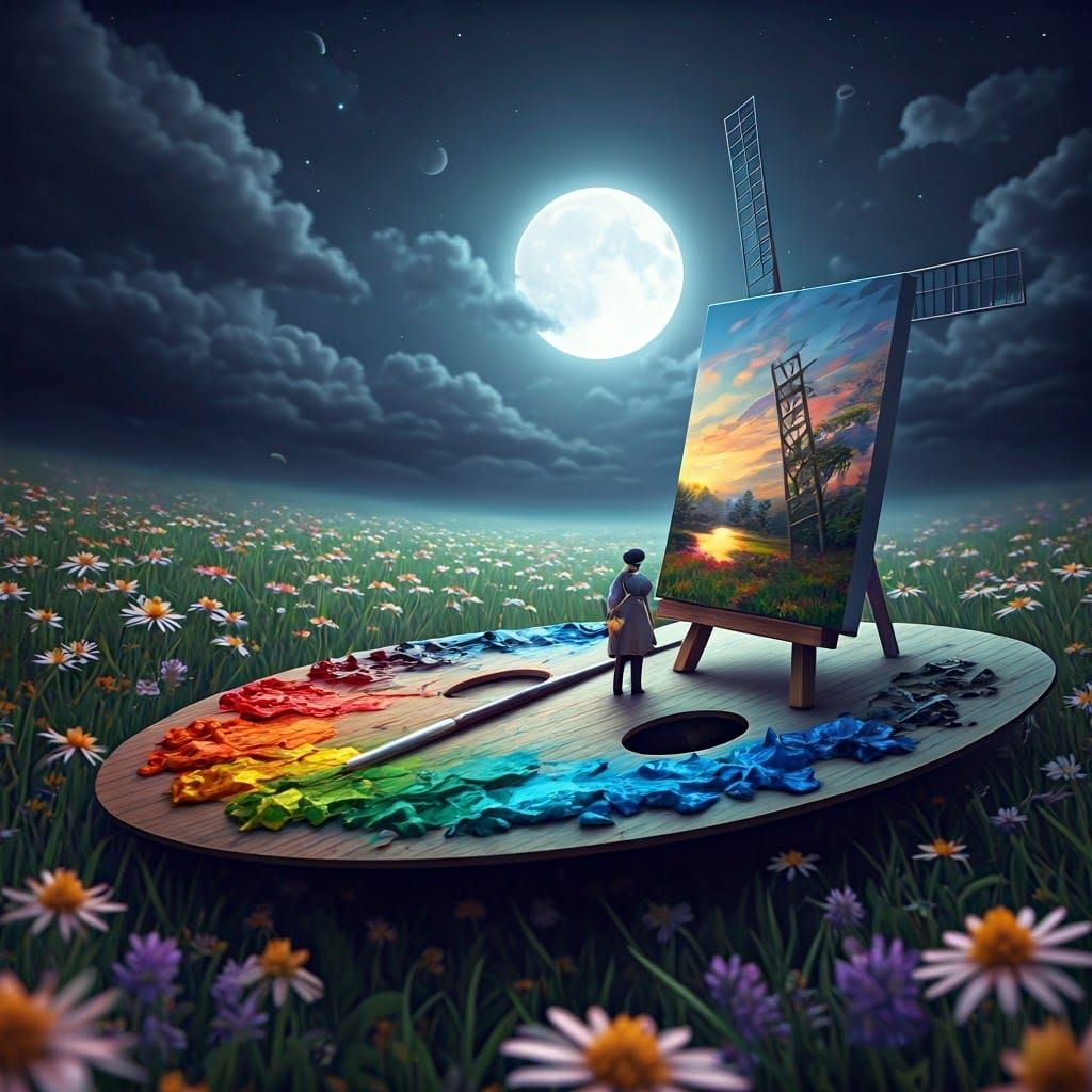 Dreamlike Painter's Palette Under Full Moon