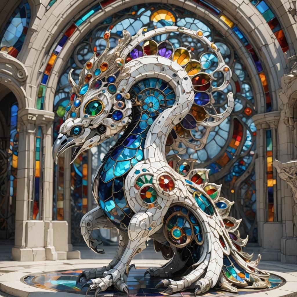 Biomechanical Peacock with Stained Glass Tail