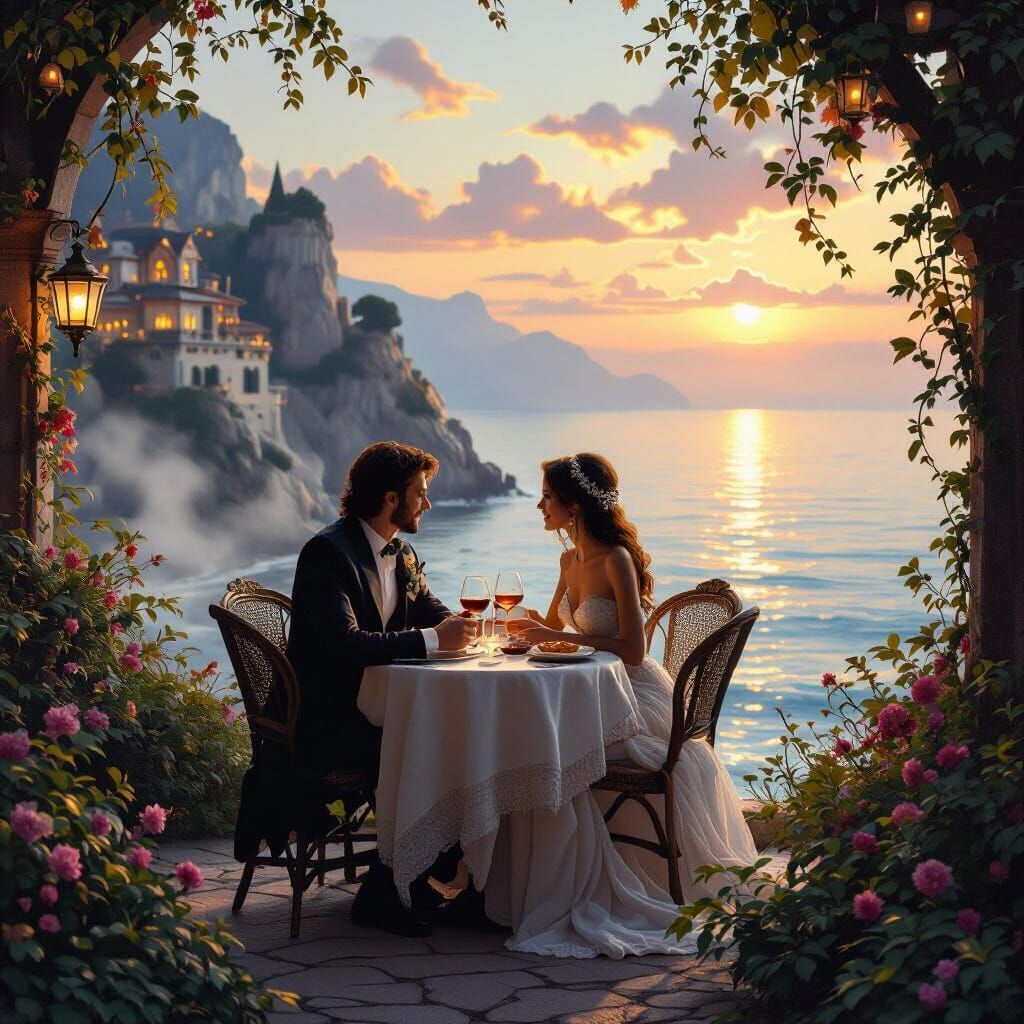 Romantic Seaside Dinner in Kinkade-Inspired Serene Landscape