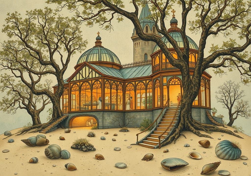 Voynich Manuscript Style Greenhouse Cathedral