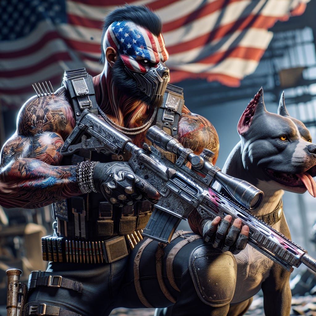 Patriotic Pitbull Warrior in War Zone, 3D Rendered