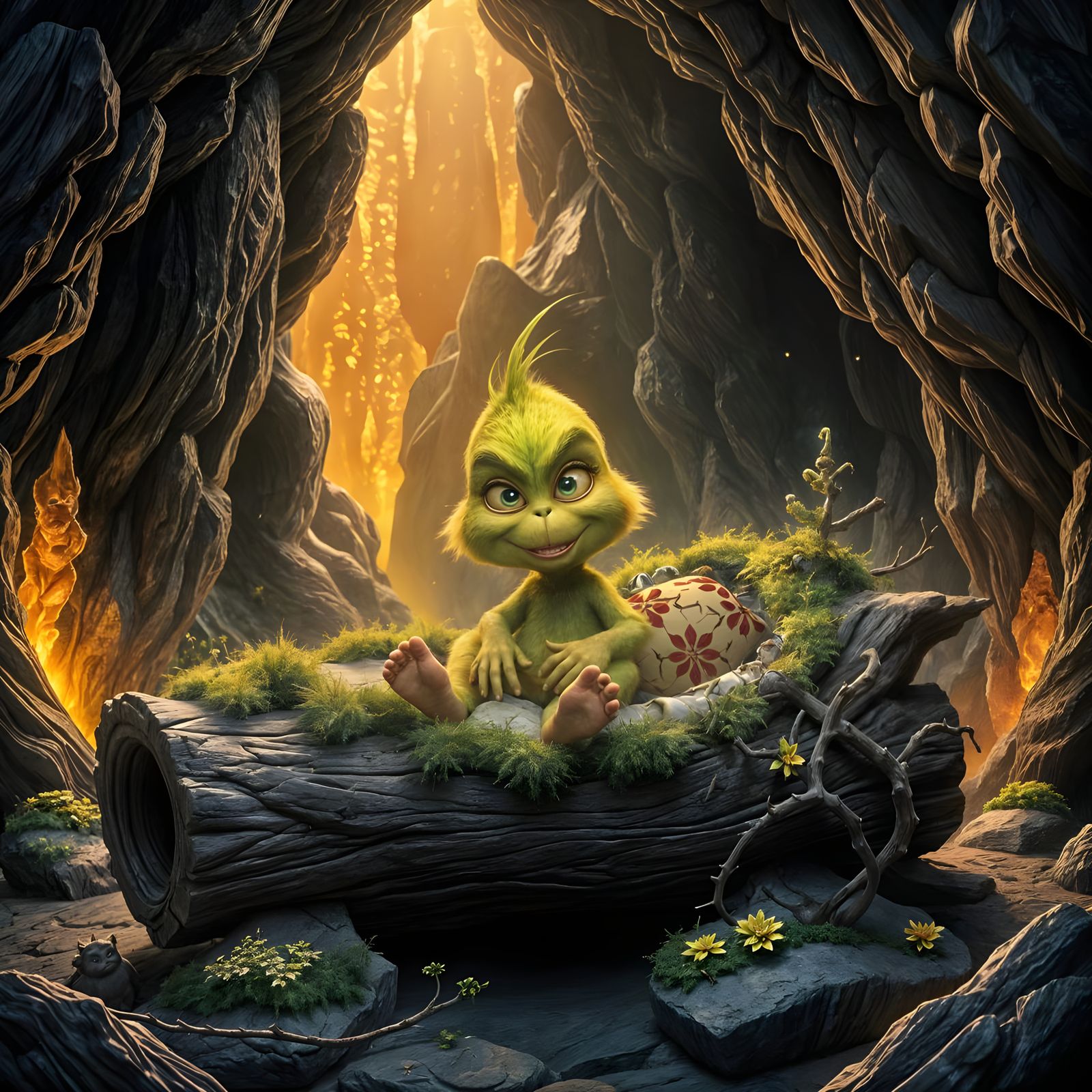 Cute Baby Grinch Sits in a Cozy Obsidian Cave