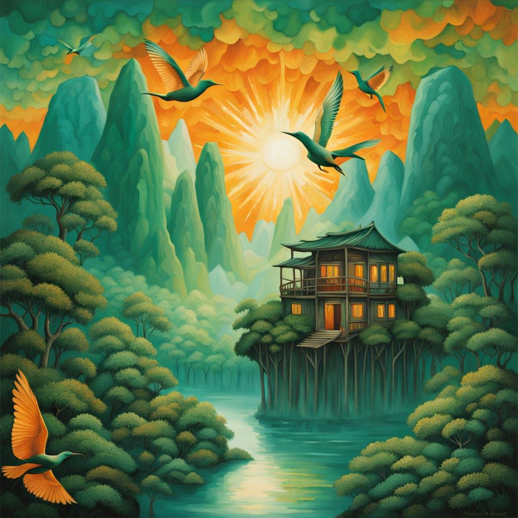 Surreal Ha Long Bay Dreamscape in Vibrant Sunset Hues