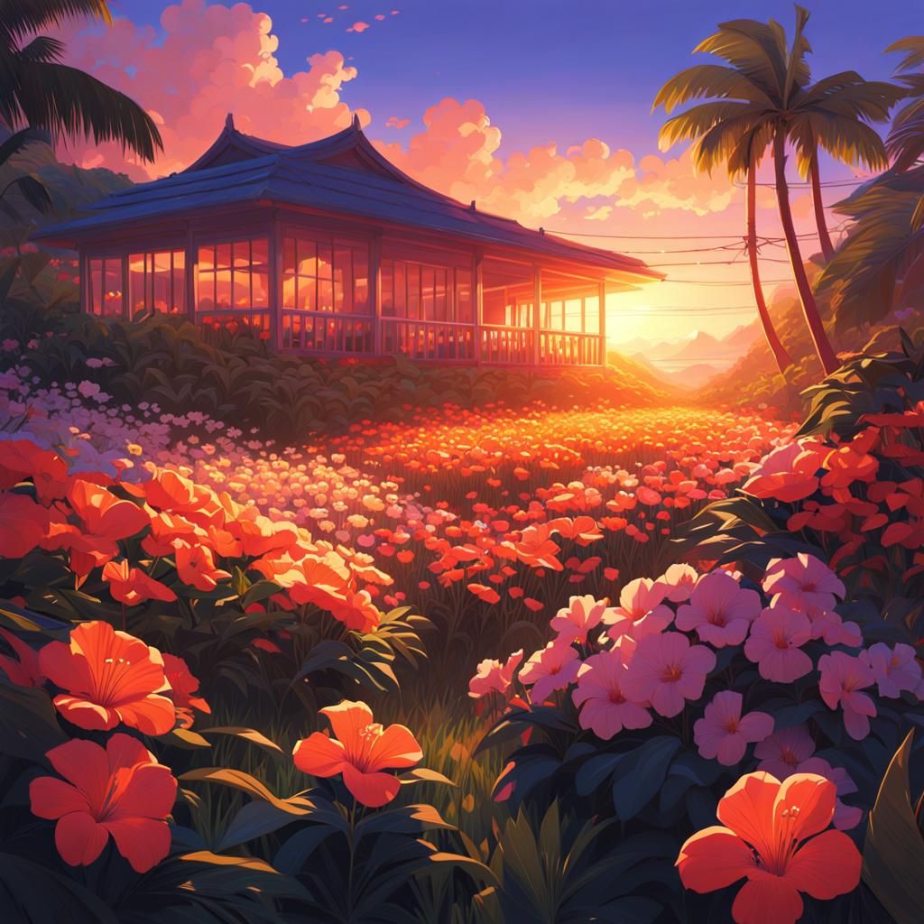 Vibrant Hawaiian Garden at Golden Hour