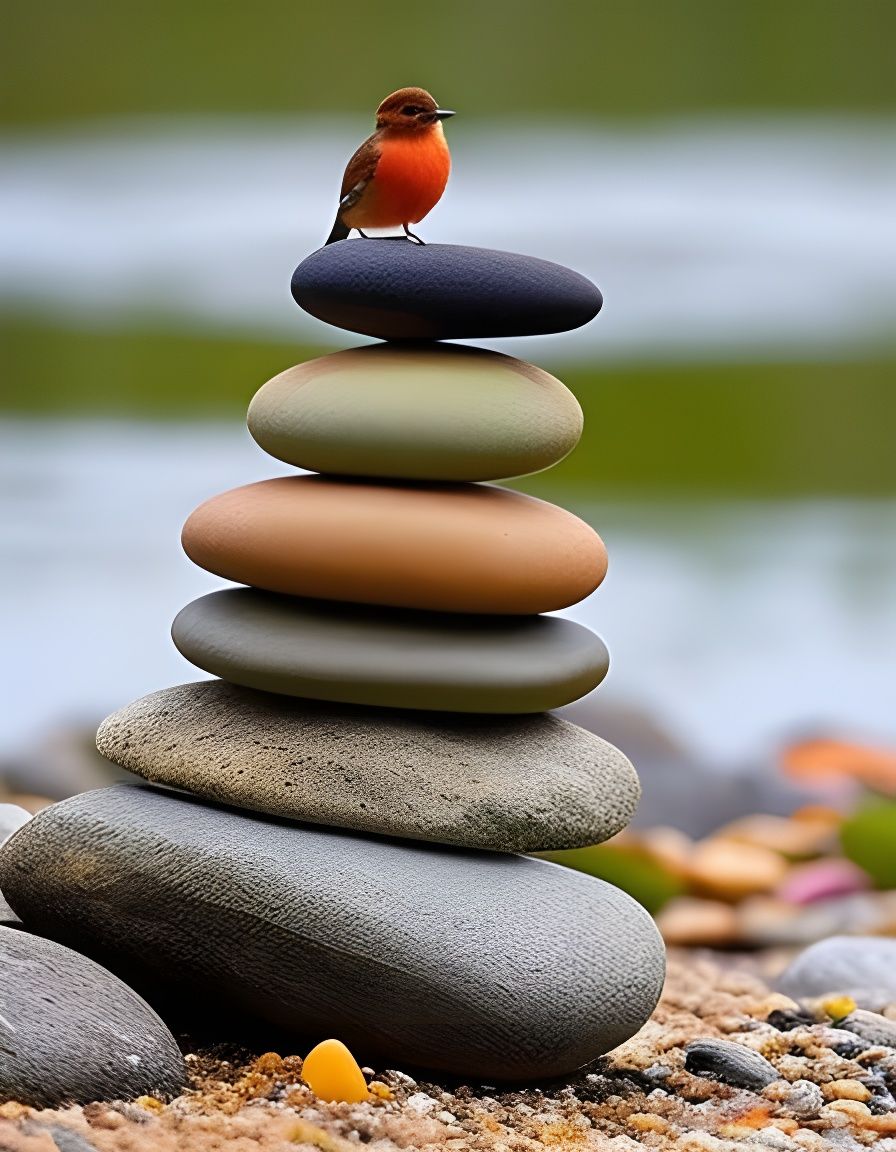 Balanced Pebble Stack with Bird, Painterly Style