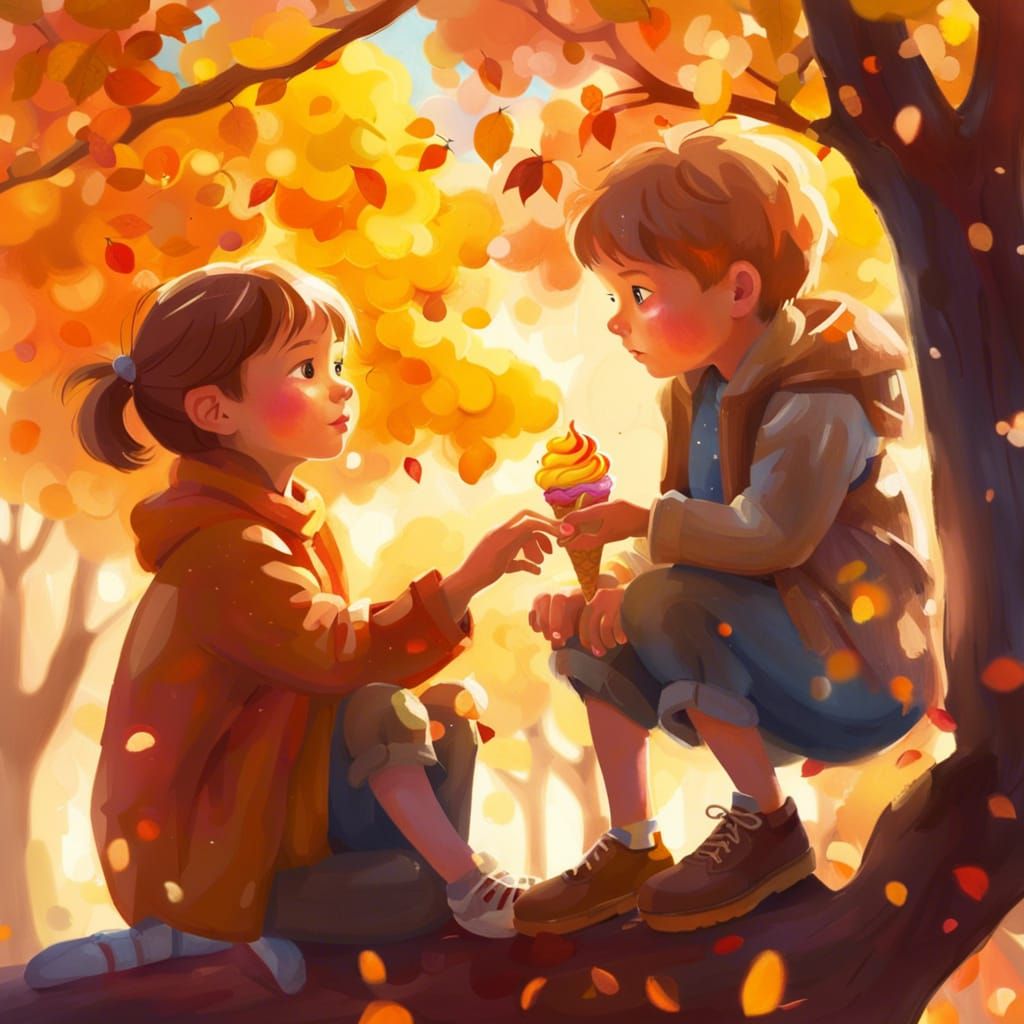 Brother and Sister Sharing Ice Cream, Impressionist Painting