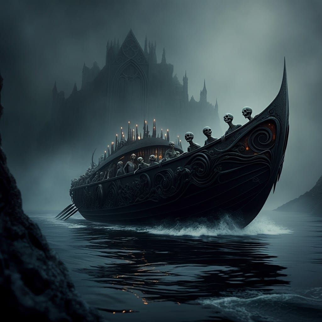 Futuristic Charon Sailing the River Styx