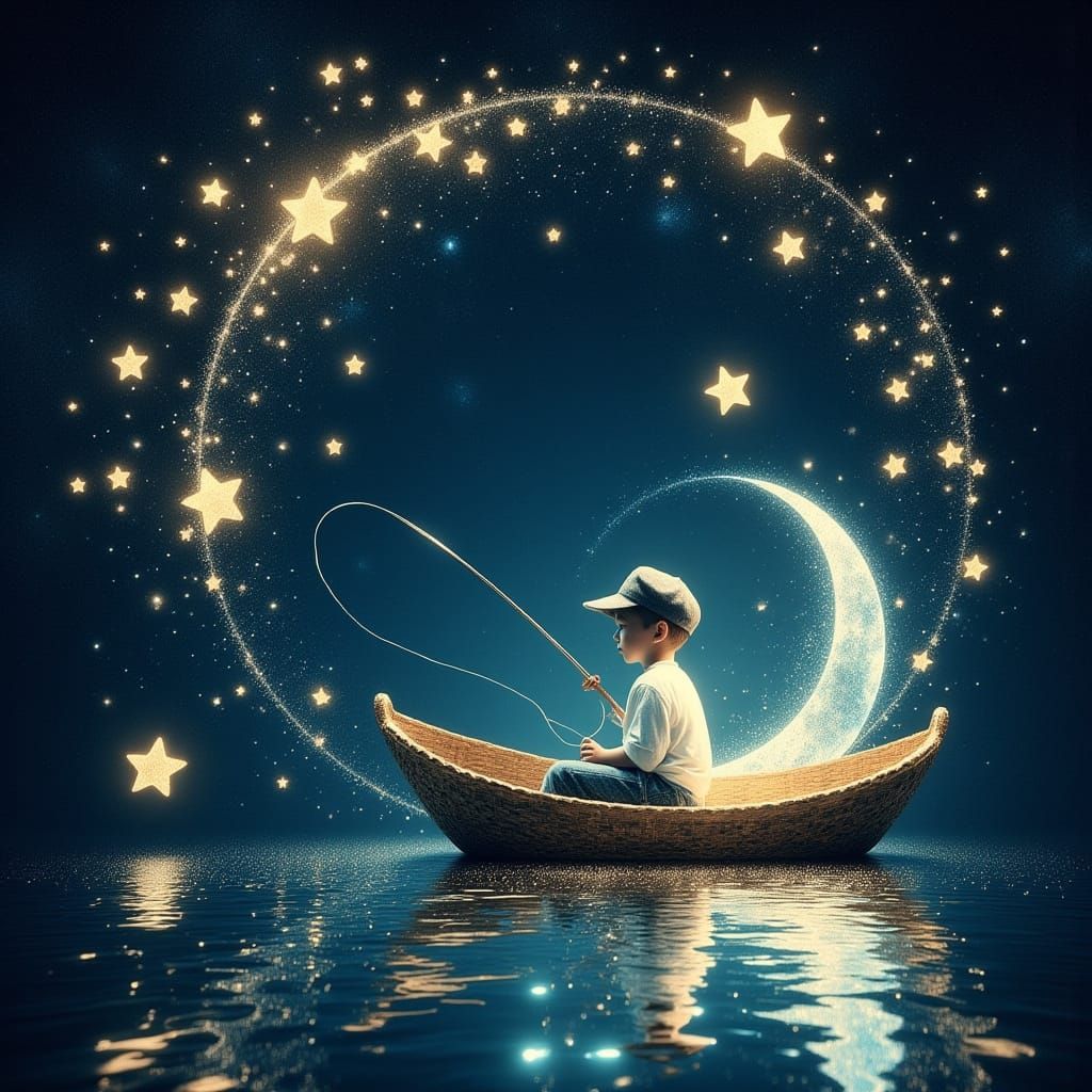 Boy's Moonlit Fishing Trip with Starfish