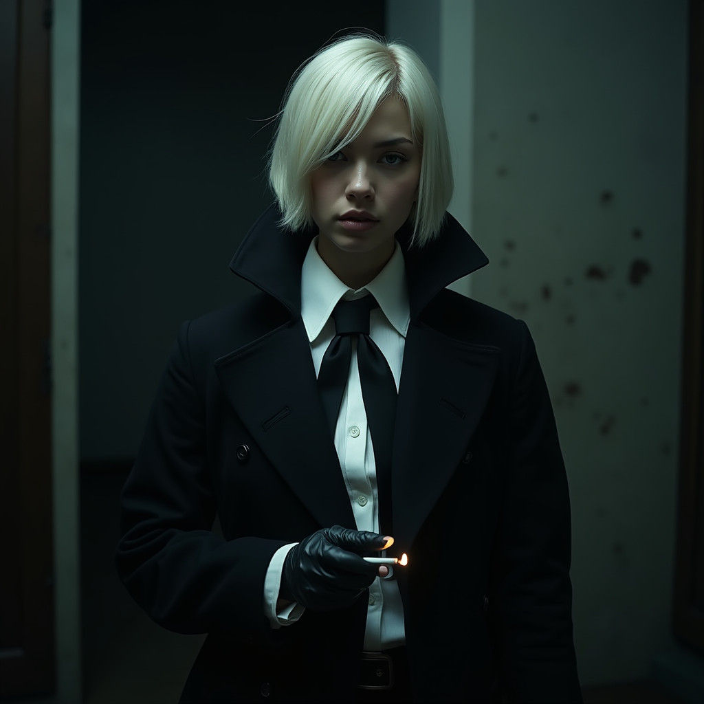 Cinematic Androgynous Woman in Film Noir Style