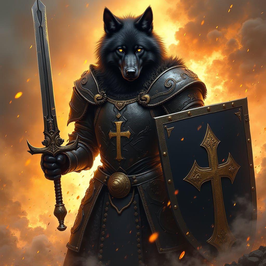 Majestic Black Wolf Rides into Battle with Flaming Sword and...