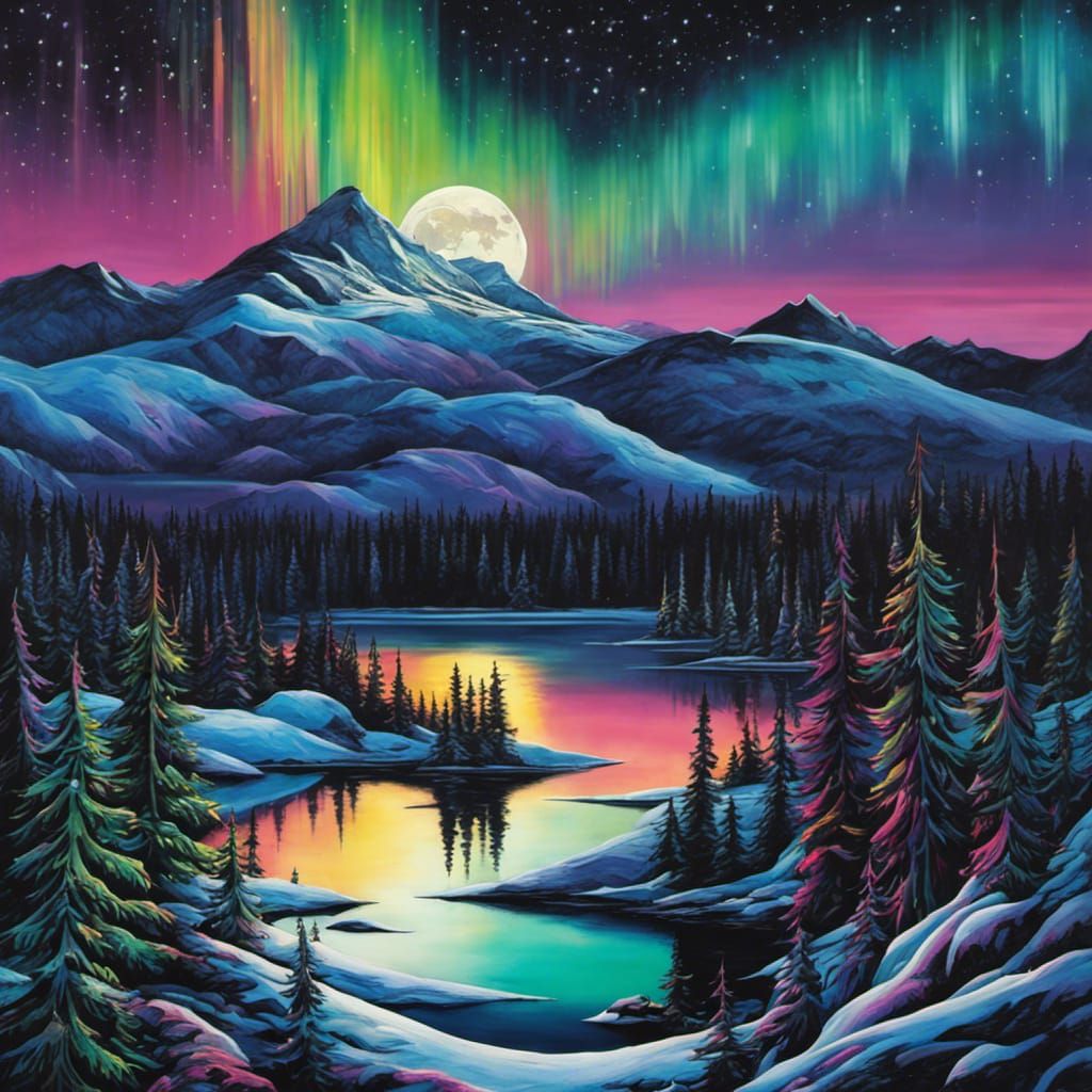 Gothic Snowscape with Northern Lights in Graffiti Art Style