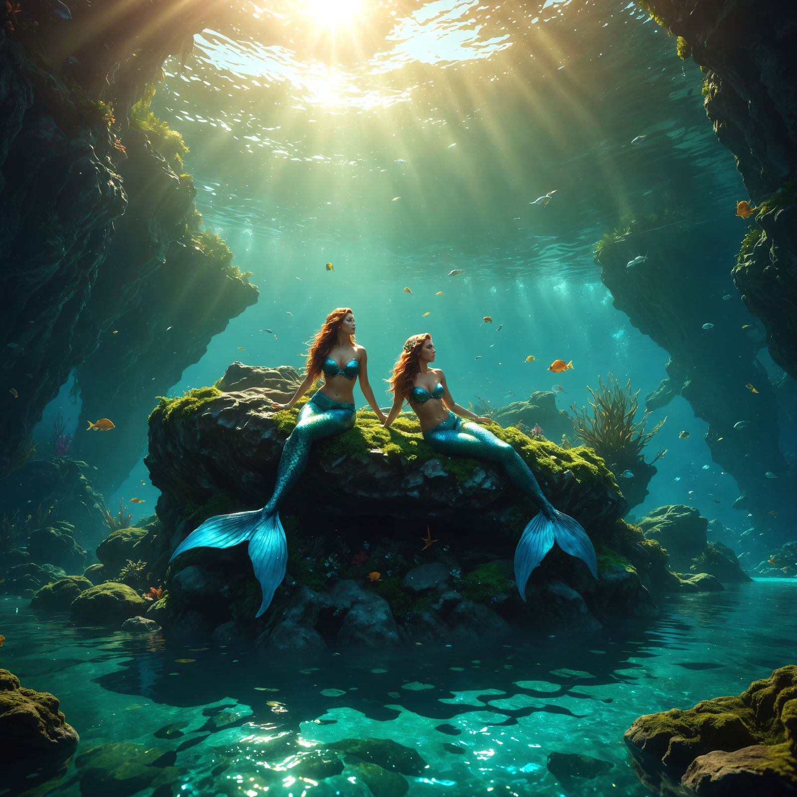 Hyperrealistic Mermaids Sunbathing in a Colorful Lagoon