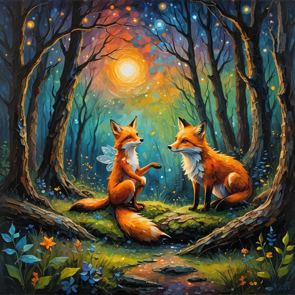 Fairy and Fox in Forest, Impasto Oil Painting
