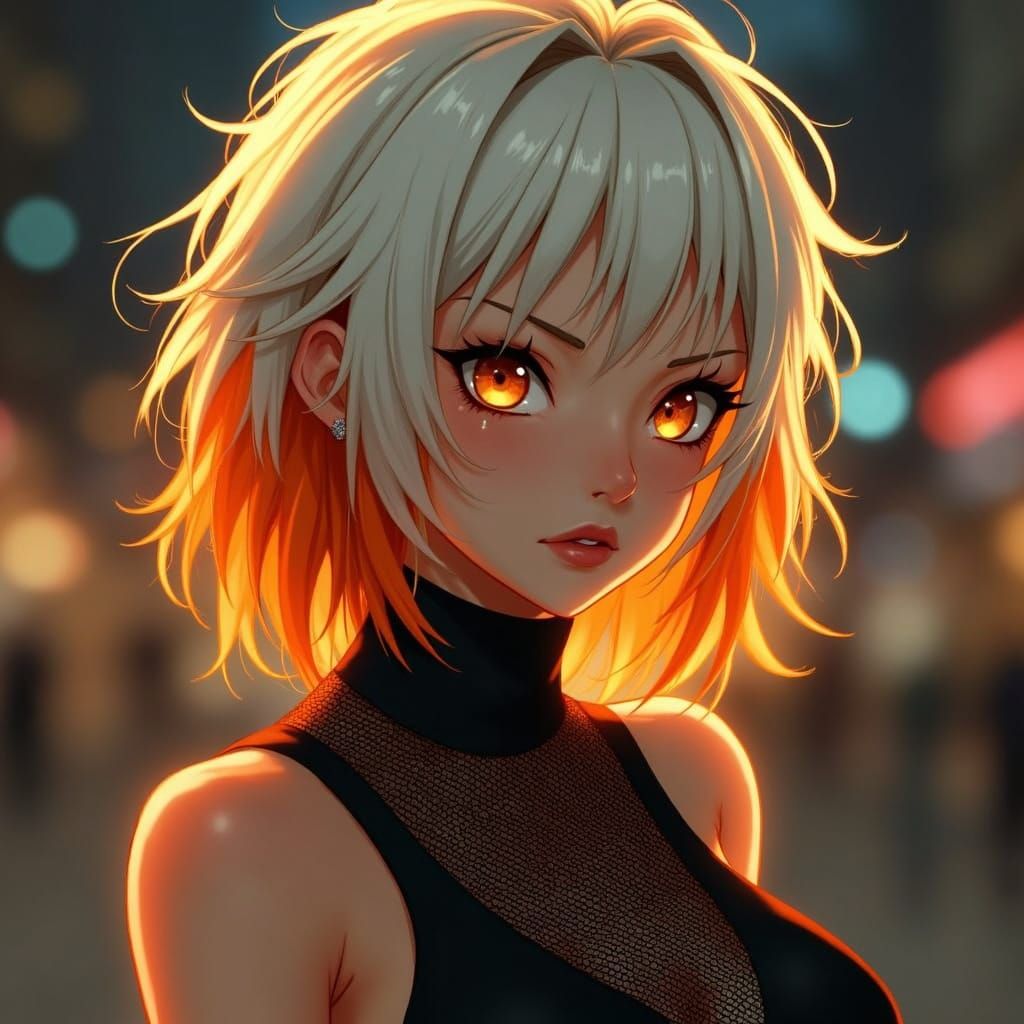 Cyberpunk Woman with Amber Eyes in Cityscape