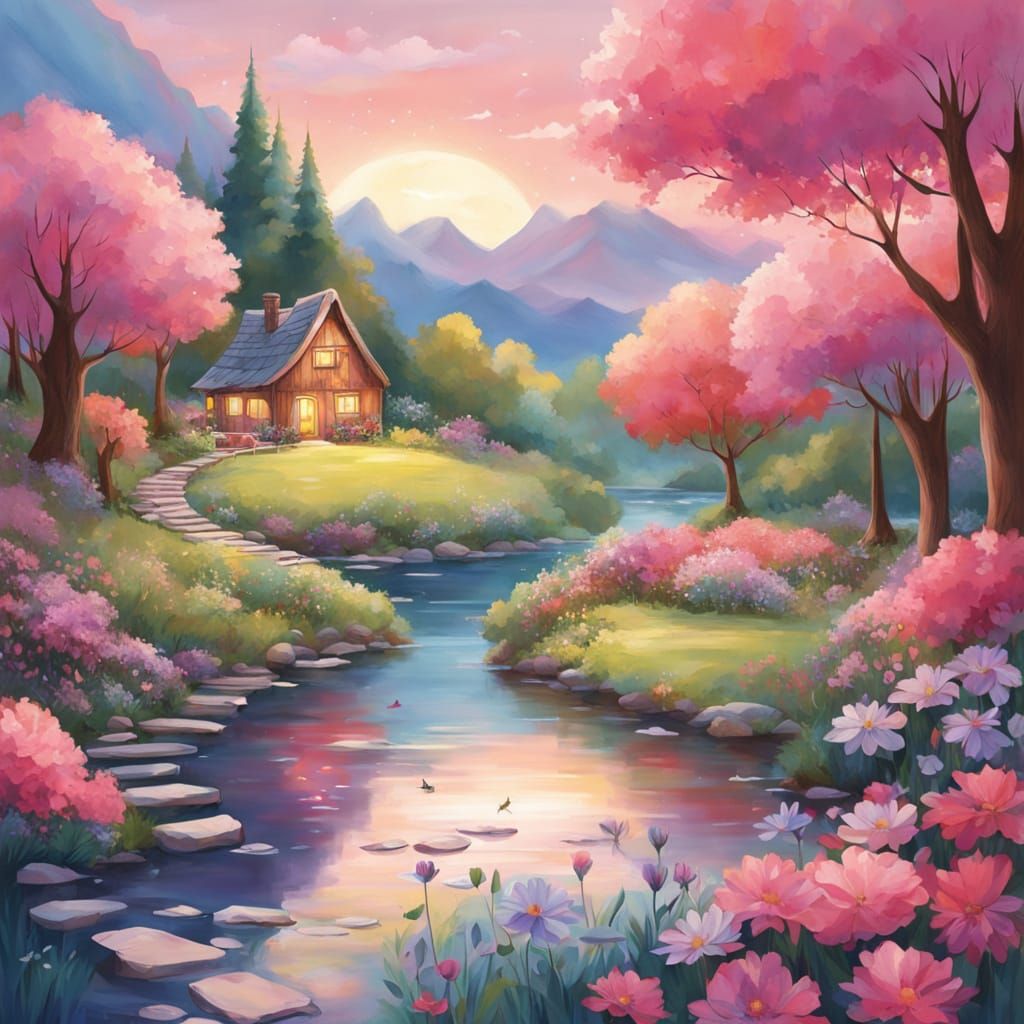 Pastoral Landscape Inside a Leaf: Whimsical Illustration