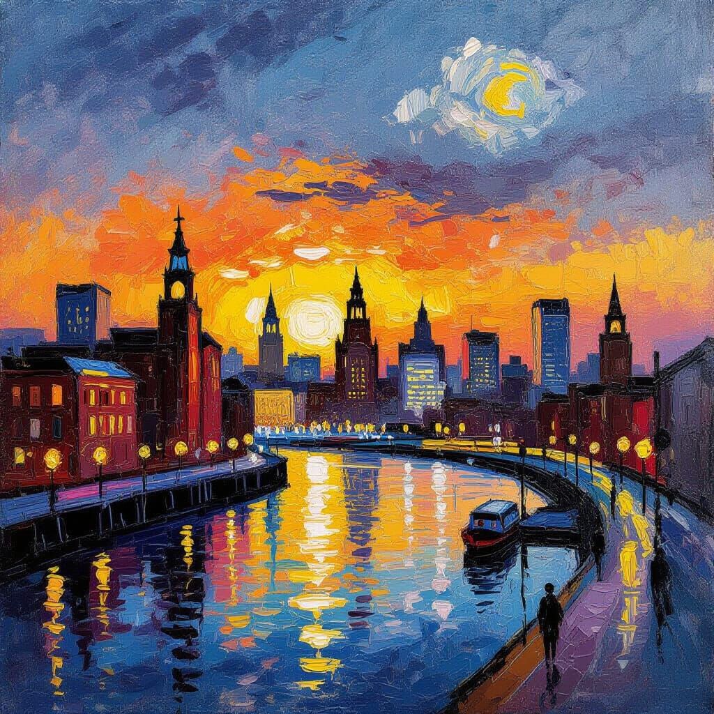 Liverpool Skyline at Dusk in Thick Oil Pastel