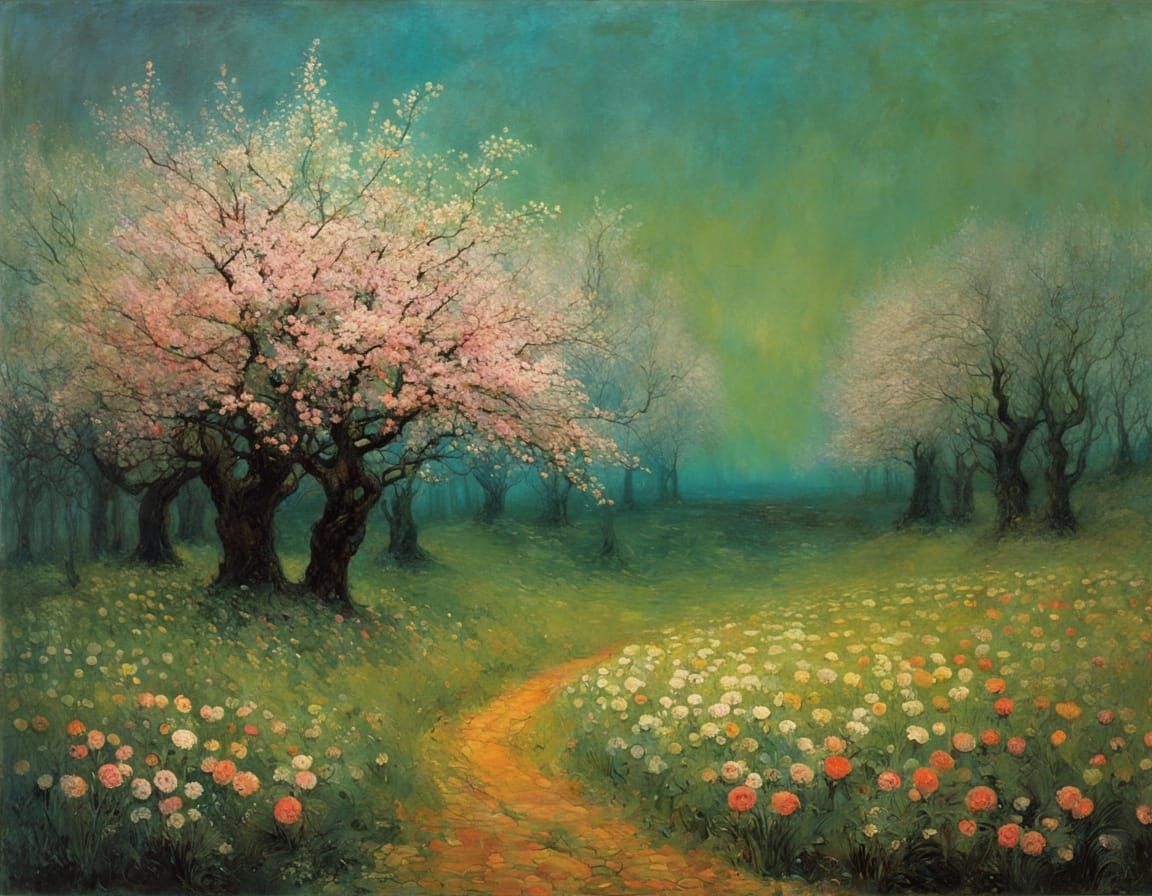 Surrealist Apple Blossom Garden in Dreamlike Splendor