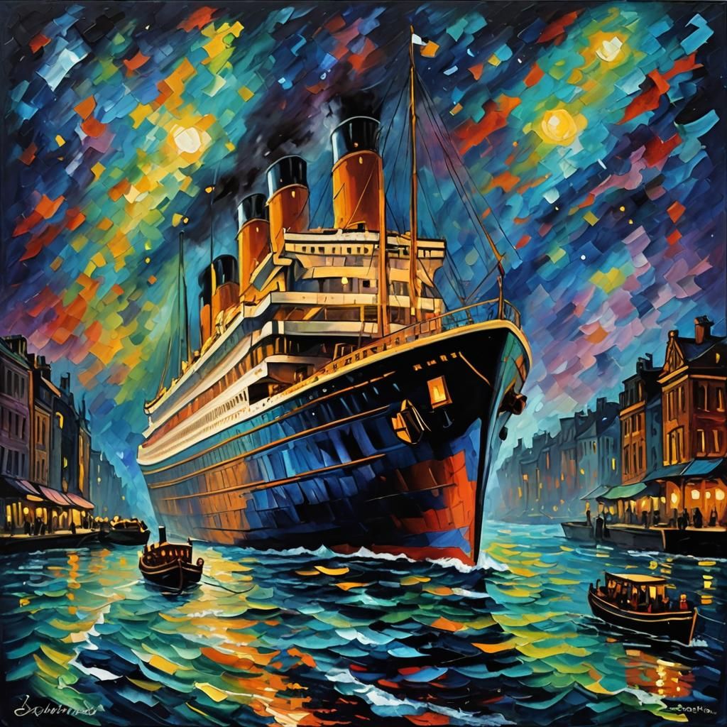 Titanic at Night in Expressionist Style