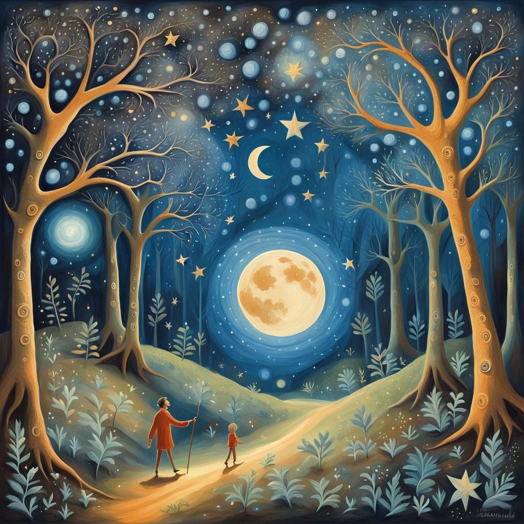 Mystical Moon-Faced Man in Forest Cave Painting