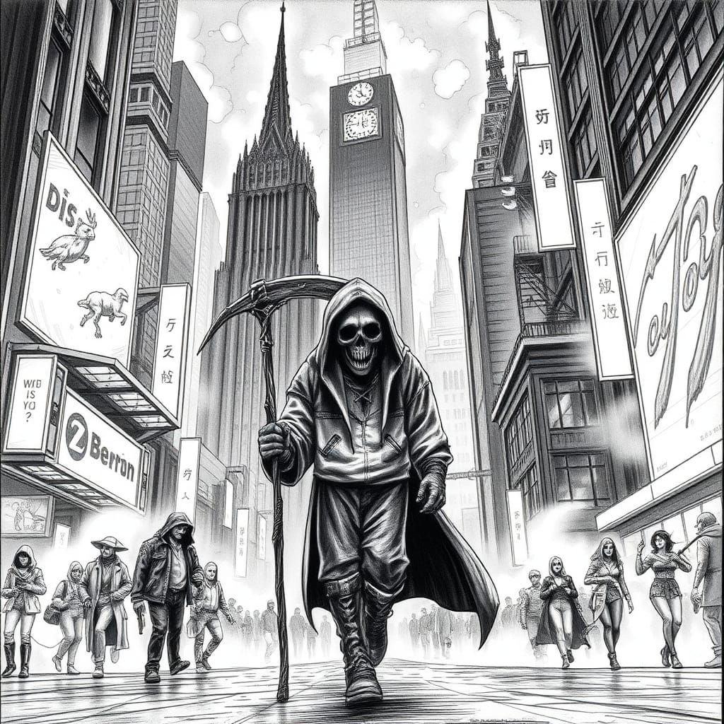 Dystopian Grim Reaper in Metropolis: Pencil Drawing