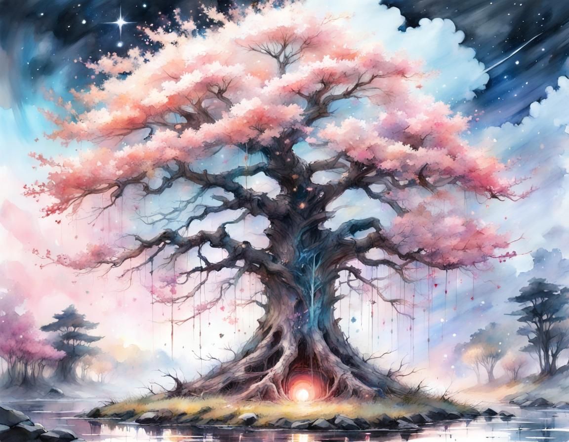 Enchanted Sakura Tree of Life: Fantasy Watercolor