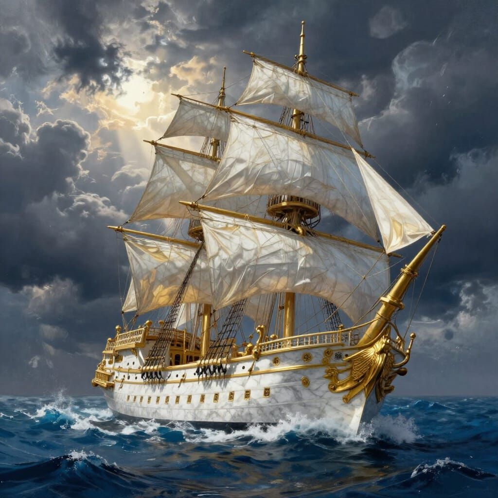 Grand Marble and Gold Carrack Ship in Stormy Seas