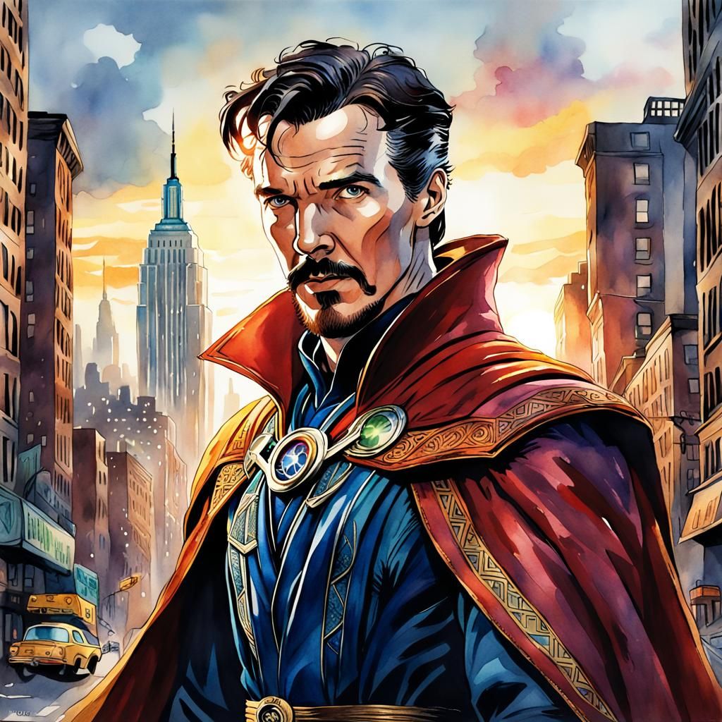 Doctor Strange Watercolor Portrait in Comic Style