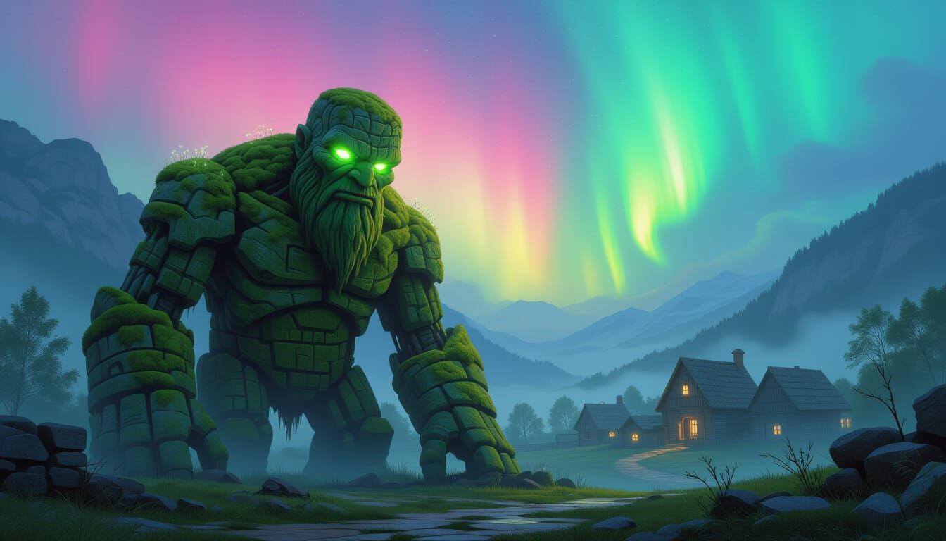 Ancient Moss Golem Guards Misty Village Under Aurora Sky