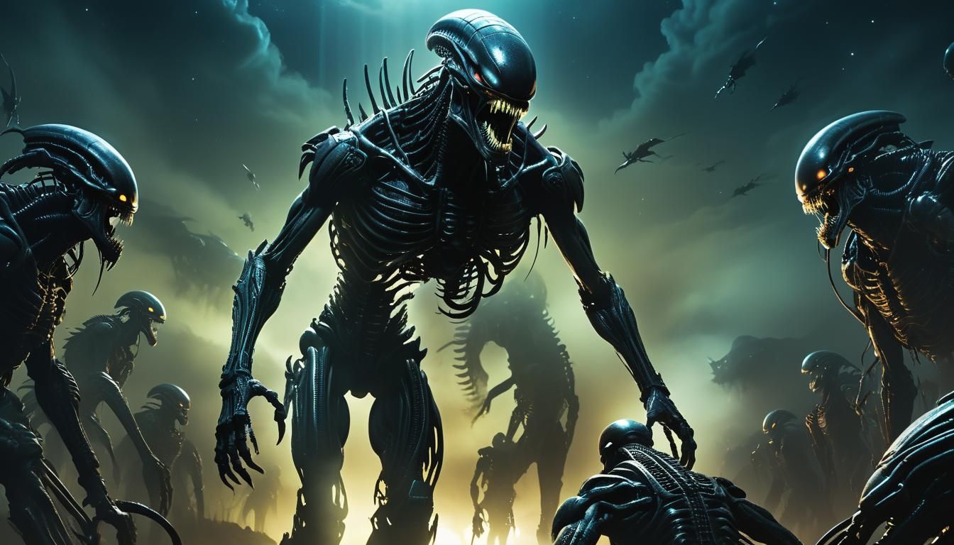 Predator Confronts Xenomorphs in Surreal Biomechanical Lands...