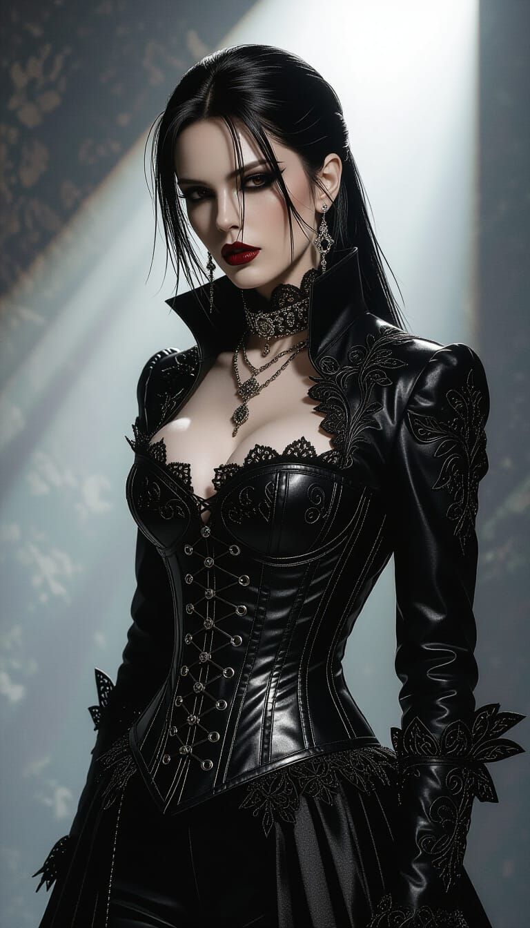 Androgynous Musician in Gothic Corset Under Spotlight